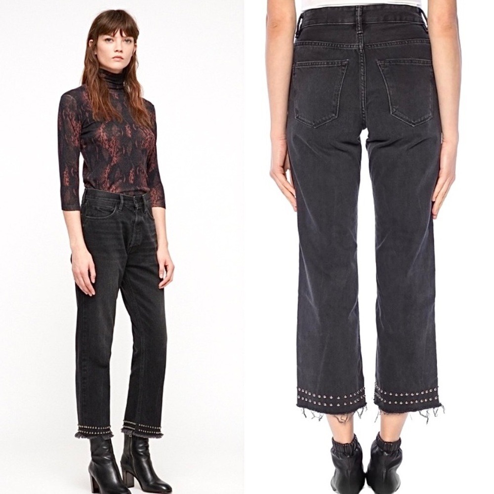 $165 All Saints Ava Stud Hem Crop High Rise Straight leg Jean Washed Black 29